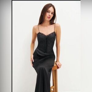 Reformation Black Lace Peniel Silk Dress.